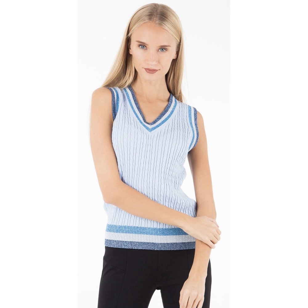 Brooks Brothers Wmn Size Small Metallic Trim V-Neck Cable Knit Sweater Vest Blue